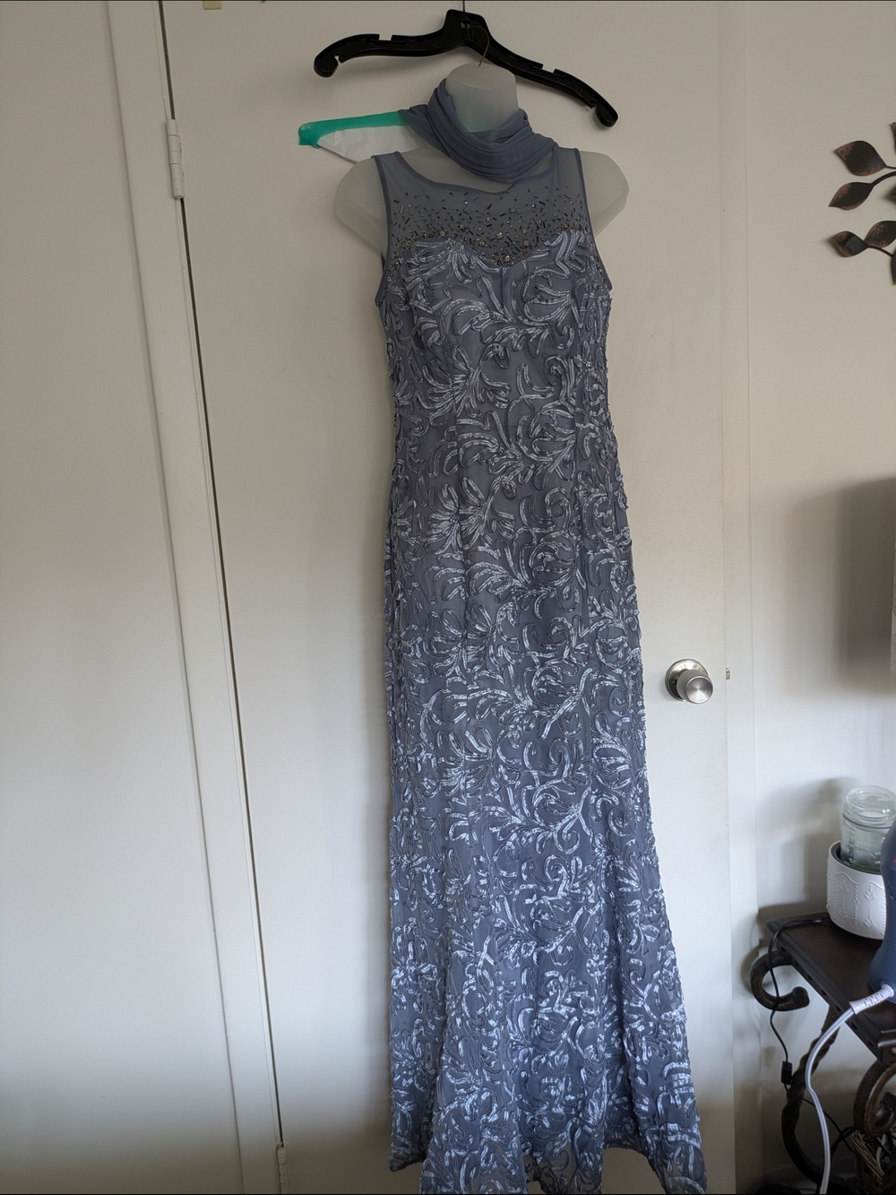 Mac Duggal Elegant Blue-Gray Sleeveless Evening Dress with Sheer Neck